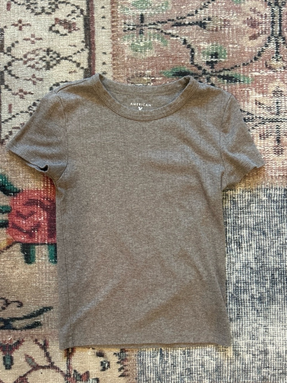 American Eagle Outfitters Short-Sleeve Pointelle Crew Tee in Heather Brown